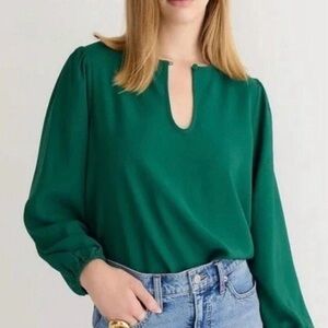 NEW without tags J. Crew Tall Large Green Puff-Sleeve Satin-Back Crepe Top LT